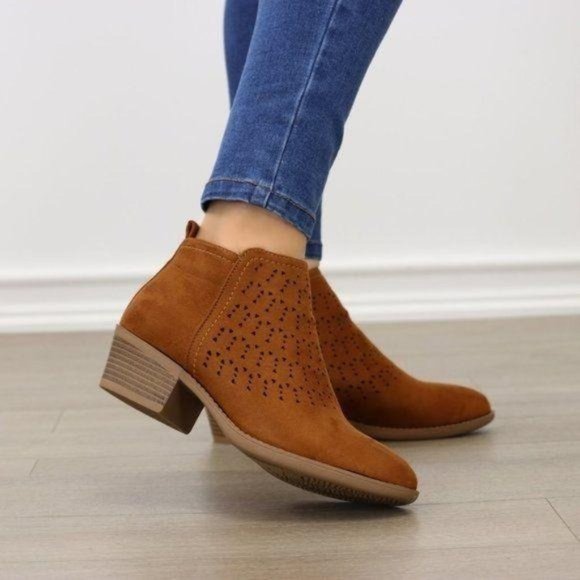 Shoes - Brown Suede Ankle Boots Laser Cut Design